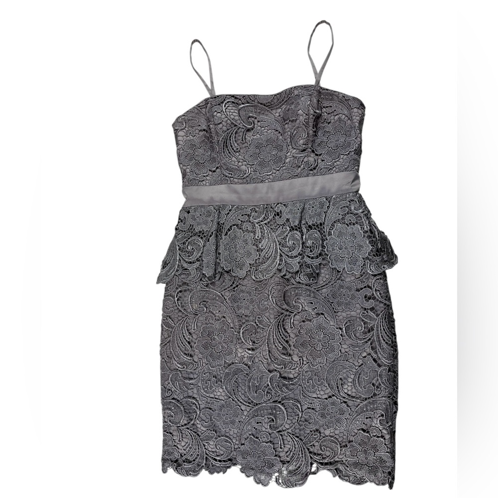 Adrianna Papell Gray Strapless Lace Lined Peplum Dress Size 4 Romantic Feminine